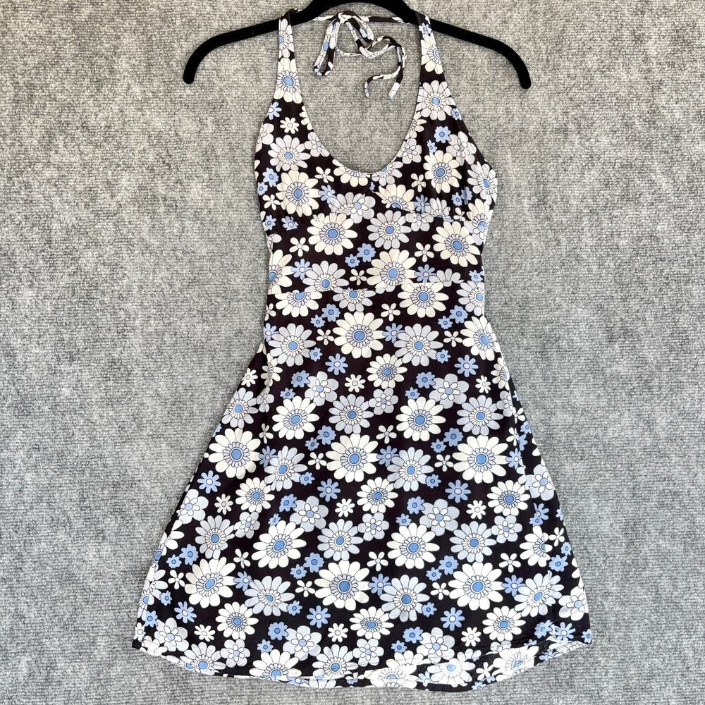 Hollister Daisy Floral Halter Mini Dress XXS Y2K Blue White Smocked Back Summer